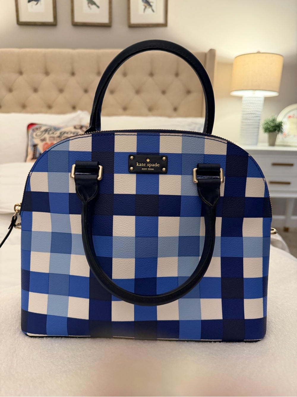kate spade Blue Gingham Dome Satchel with Navy Trim